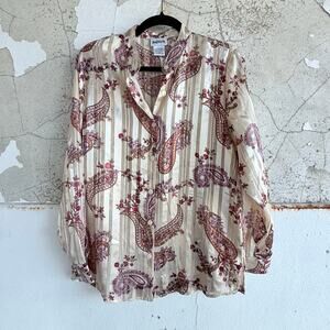 Vtg 90s Blouse Paisley Print Button Down Metallic Top Silky Boho Shirt Womens XS
